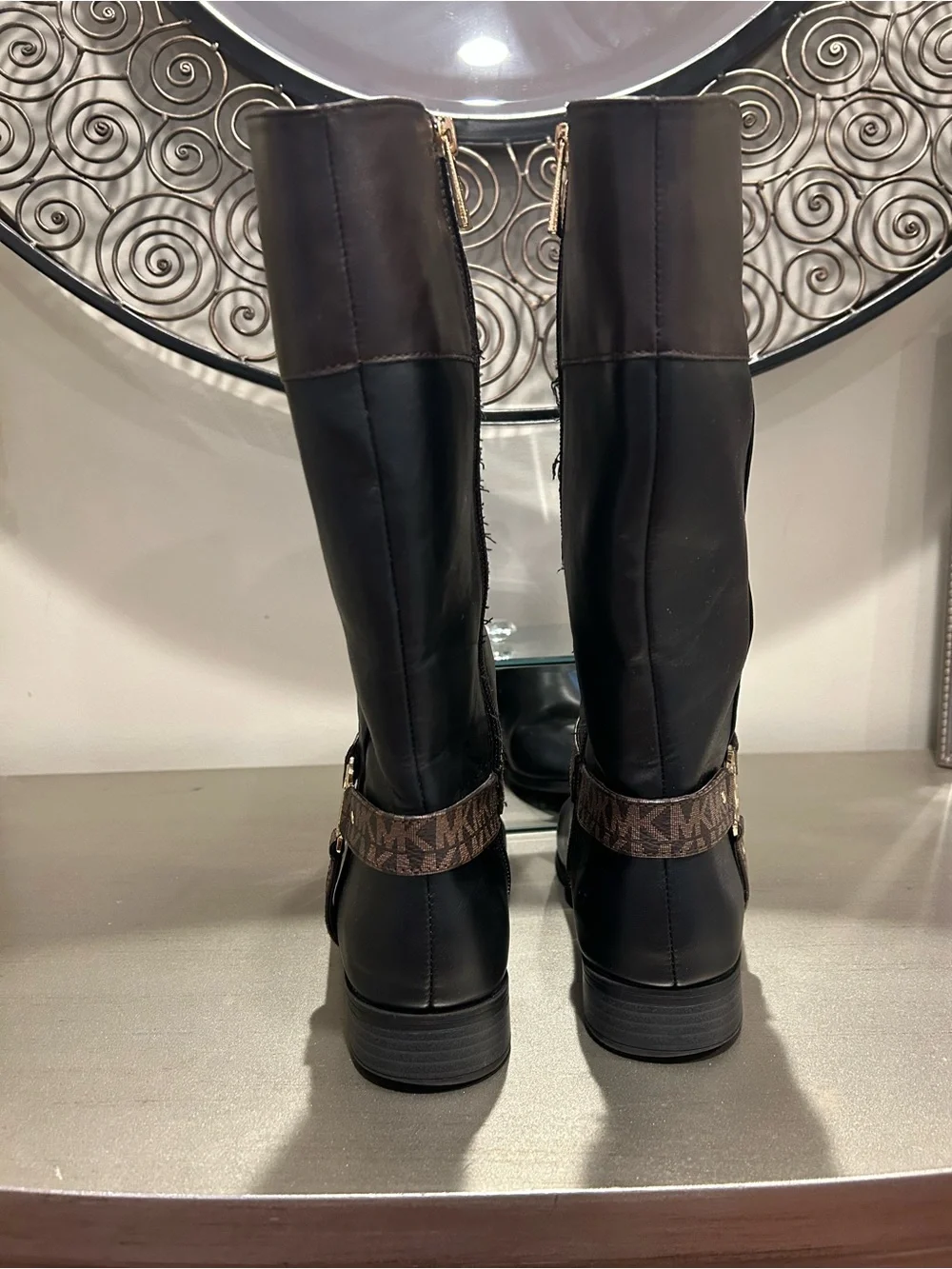MICHAEL Michael Kors Black and Brown Logo Harness Mid-Calf Riding Boots